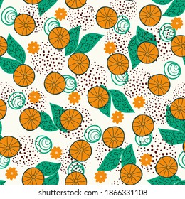 Seamless floral natural abstract  pattern on white  background. Green and orange color.  Hand drawing. Design for textiles, wallpapers, printed products. Vector illustration