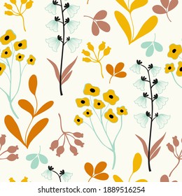 Seamless floral natural abstract  pattern on white  background. Folk art style. Hand drawing. Design for textiles, wallpapers, printed products. Vector illustration