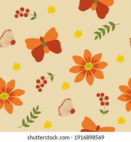 Seamless floral natural abstract pattern on light coloured background. Summer. Flowers and butterflies. Flat style. Hand drawn. Design for textiles, wallpapers, printed products. Vector illustration