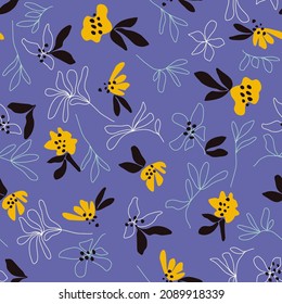Seamless floral natural abstract  pattern on lilac background. Millefleurs style. Flowers and leaves. Botanical. Hand drawn. Design for textiles, wallpapers, printed products. Vector 