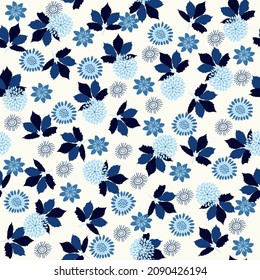Seamless floral natural abstract  pattern on white background. Millefleurs style. Blue Flowers and leaves. Botanical. Hand drawn. Design for textiles, wallpapers, printed products. Vector 