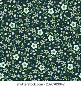 Seamless floral natural abstract  pattern on dark green background. Millefleurs style. Green Flowers and leaves. Botanical. Hand drawn. Design for textiles, wallpapers, printed products. Vector 