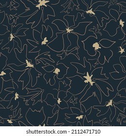 Seamless floral natural abstract  pattern on dark background. Millefleurs style. Blue Flowers and leaves. Botanical. Hand drawn. Vector