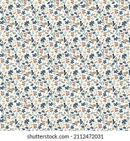 Seamless floral natural abstract  pattern on white background. Millefleurs style. Blue Flowers and leaves. Botanical. Hand drawn. Vector