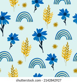 Patrón abstracto natural floral sin foco sobre fondo blanco. Estilo Millefleurs.  Azul y amarillo. Flores, hojas. Botánico. Dibujado a mano. Diseño para textiles, papel pintado, productos impresos. Vector 