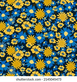 Seamless floral natural abstract  pattern, dark blue background. Millefleurs style.  Blue yellow. Flowers and leaves. Botanical. Hand drawn. Vector