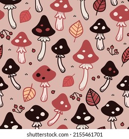 seamless floral natural pattern of mushrooms and leaves
