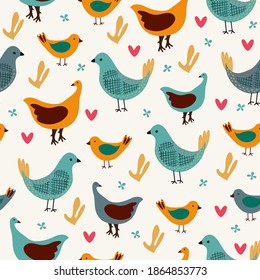 Patrón natural floral sin foco sobre fondo blanco. Aves abstractas y corazones. Estilo de arte folclórico. Dibujo manual. Diseño para textiles, papel pintado, productos impresos. Ilustración del vector