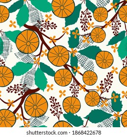 Seamless floral natural  pattern on white  background. Abstract plants, leaf and orange. Hand drawing. Design for textiles, wallpapers, printed products. Vector illustration