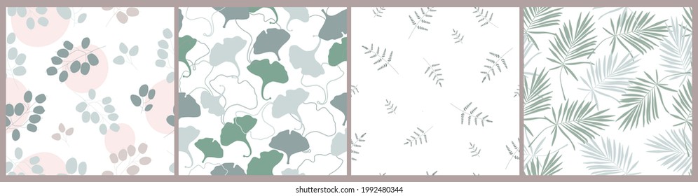 Seamless floral, natural pattern. Plants of lunaria, eucalyptus, palm, ginkgo biloba delicate branches with leaves on the background of simple shapes. Abstract minimalistic simple delicate ornament. 