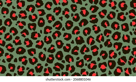 Seamless floral nature medow pattern. Fashionable wild leopard print background. Modern panther animal fabric textile print design. Stylish vector black green and red illustration