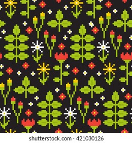 Seamless Floral Nature Pattern Background With Forest Berry, Leaf, Flower. Vector Retro Pixel Art Illustration.