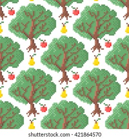 Seamless floral nature pattern background with forest tree, leaf, fruit. Vector retro pixel art illustration.