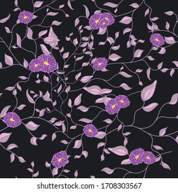Seamless floral nature pattern violet flowers and leaves repeat endless background cover texture for textile, curtains, linens, wallpapers, wrapping paper, fashion fabric prints 