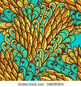 Seamless floral orange and blue bright summer doodle pattern