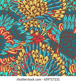 Seamless floral orange and blue bright summer doodle pattern