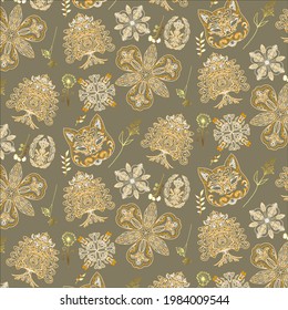 Seamless floral orange and gold pattern with cat mask on the beige background