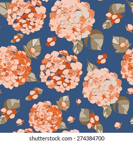 Seamless floral orange hydrangea pattern on a cerulean blue background