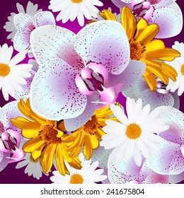 Seamless floral orchid and chamomile. Vector 