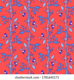 Seamless floral oriental pattern with vines. Stylized indian flowers, leaves and tree branches stripes or lines colored blue and red