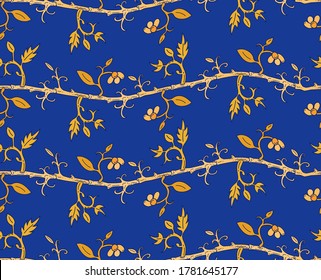 Seamless floral oriental pattern with vines and stripes of curls branches, leaves & flowers. Tropical striped backgroind with indian motif.