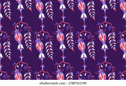 Seamless floral oriental pattern with vines and stripes of curls branches, leaves & flowers. Tropical striped purple backgroind with indian motif.