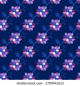Seamless floral oriental pattern with vines and stripes of curls branches, leaves & flowers. Tropical striped background with indian motif.