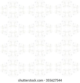 Seamless floral ornament. Abstract light blue flowers, green leaves, gray stems and curls on a white background, cold pastel colors, design element, vector