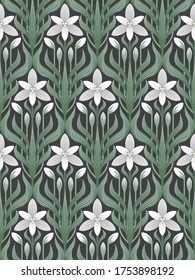 Seamless floral ornament in art Deco style. Ornithogalum umbellatum, the garden star-of-Bethlehem, grass lily, nap-at-noon, or eleven-o'clock lady.