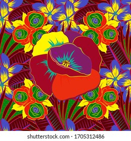 Seamless floral ornament. Colored orient pattern in yellow, green and red colors. Modern poppy flower pattern with royal poppies.