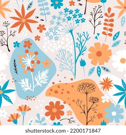 Seamless floral ornament with cute cartoon flowers and leaves in vector. Print for fabric.