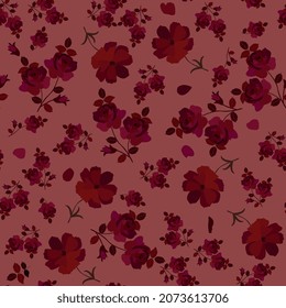 Seamless floral ornament with garden flowers in burgundy color on a pink background. Delightful fabric for dress, blouse. Trendy natural pattern.