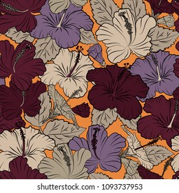 Seamless floral ornament. Modern hibiscus flower pattern with royal hibiscus. Colored orient pattern in purple, beige and brown colors.