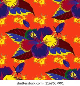 Seamless floral ornament. Modern hibiscus flower pattern with royal hibiscus. Colored orient pattern in orange, blue and red colors.