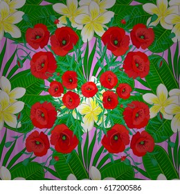 Seamless floral ornament. Modern poppy flower pattern with royal lilies. Colored orient pattern on a pink background.