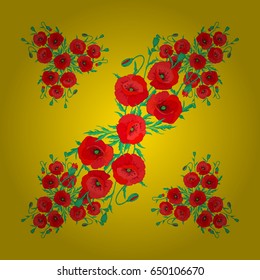 Seamless floral ornament. Modern poppy flower pattern with royal poppies. Colored orient pattern on a yellow background.