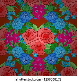 Seamless floral ornament. Modern rose flower pattern with royal roses. Colored orient pattern in green, blue and pink colors.