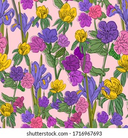 Seamless floral ornament pattern backgrounds. Wallpaper template design. Hand drawn vector illustration.