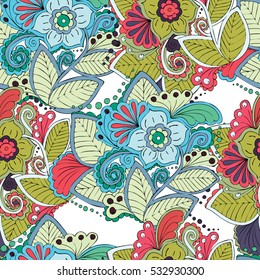 Seamless floral ornament pattern for printing on fabric or paper. Hand drawn background. Elements for your design.
