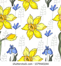 Seamless floral ornament with yellow daffodils and blue primroses. Endless texture for your design, fabrics, decor.