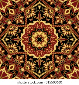 Seamless, floral, ornamental background. East, old ornament with golden lines. Template for carpet. Stylized medieval mosaics. Oriental, bright, rich pattern in dark colors.
