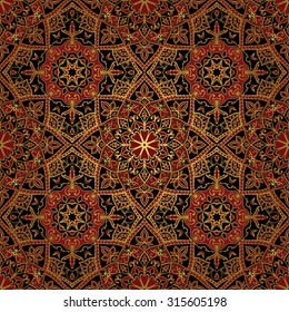 Seamless, floral, ornamental background. East, old ornament with golden lines. Template for carpet. Oriental, bright, rich pattern in dark colors.