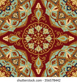 Seamless, floral, ornamental background. East, old ornament with golden lines. Template for carpet, shawl, textile, cloth. Stylized medieval mosaic. Oriental, bright, rich pattern in classic colors.