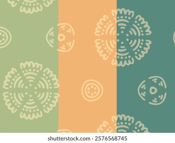 A seamless floral ornamental pattern featuring intricate shapes in green, orange, and teal tones. Perfect for textiles, wallpapers, and decorative design projects.