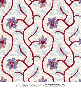 Seamless floral ornamental pattern. Hand drawn winding branches with stylized blossoms. Soft vintage colors on textured background.