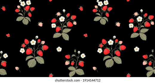 Seamless floral ornamental pattern. Strawberry with fruits and flowers on a black background. Vector illustration.