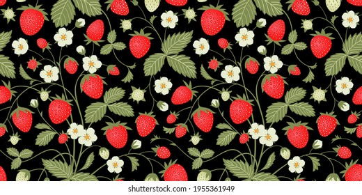 Seamless floral ornamental pattern. Strawberry with fruits and flowers on black background. Vector illustration.