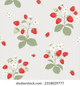 Seamless floral ornamental pattern. Strawberry with fruits and flowers on the striped background. Vector illustration.