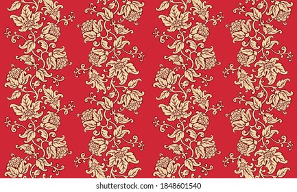 Seamless floral ornamental pattern. Vintage striped background with golden flowers and leaves.