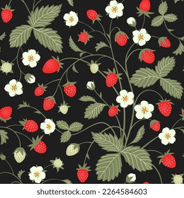 Seamless floral ornamental pattern. Wild strawberry with fruits and flowers on the black background. Vector illustration.